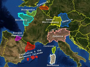 На карте цветом помечены регионы ЕС, требующие независимости 