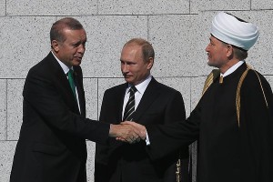 Эрдоган, Путин и Гайнудтин на открытии Соборной мечети Москвы